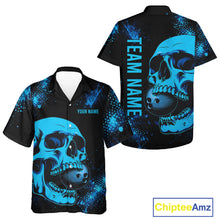 Load image into Gallery viewer, Black and Blue Skull bowling Hawaiian shirts Custom Skull team bowling uniforms, bowling outfit NQS11573