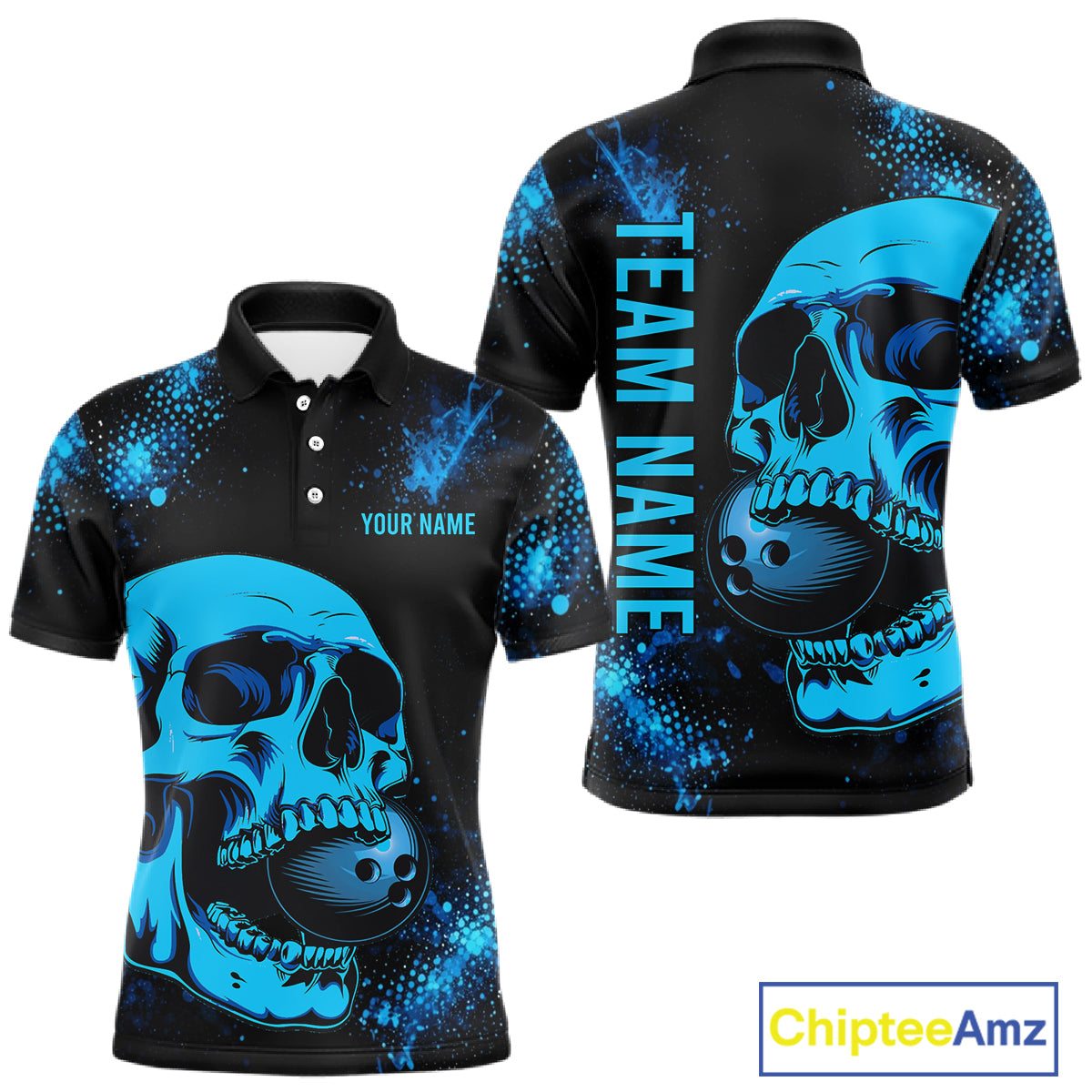 Black and Blue Skull bowling shirts for men Custom Skull team bowling shirts uniforms, bowling outfit NQS11573