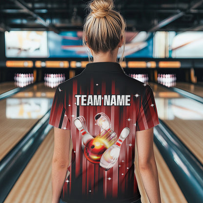 Custom Black and Red Bowling Polo, Quarter Zip Shirts for Women, Bowling Team Shirts Uniform NQS9621