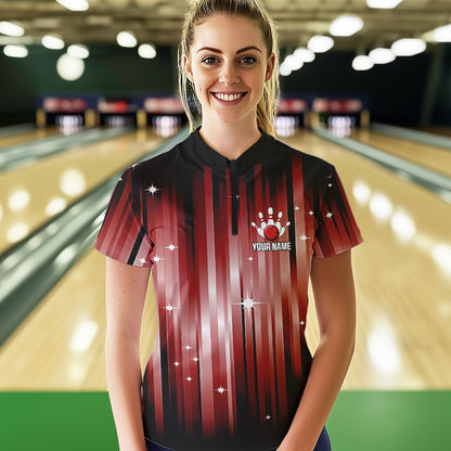 Custom Black and Red Bowling Polo, Quarter Zip Shirts for Women, Bowling Team Shirts Uniform NQS9621