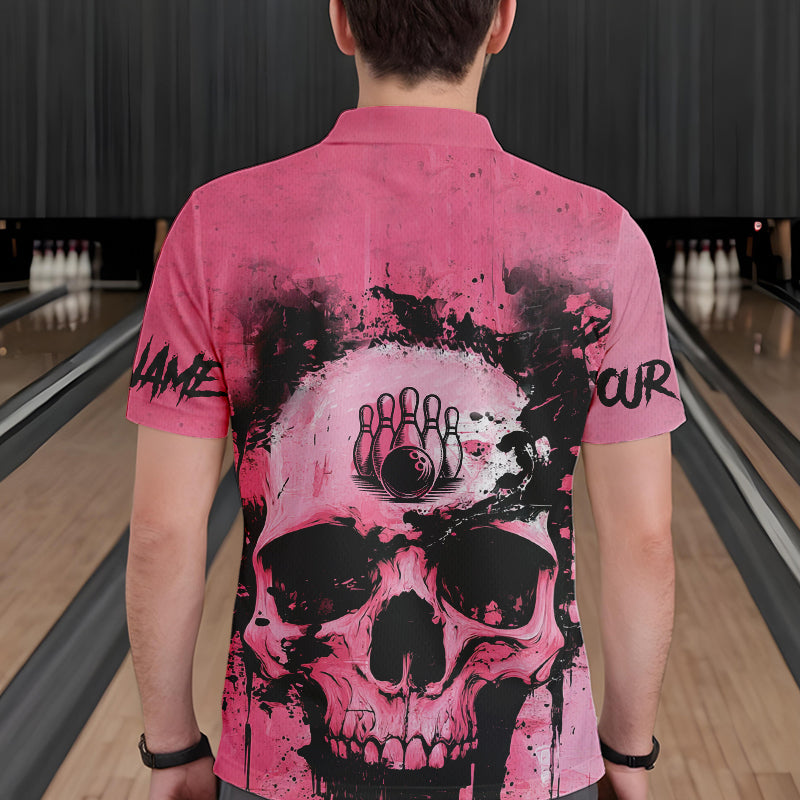 Pink Skull Bowling Polo, Quarter Zip Shirts for Men Custom Skull Bowling Team Shirts Uniform NQS9623