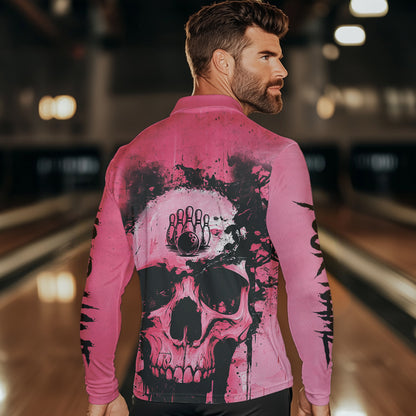 Pink Skull Bowling Polo, Quarter Zip Shirts for Men Custom Skull Bowling Team Shirts Uniform NQS9623