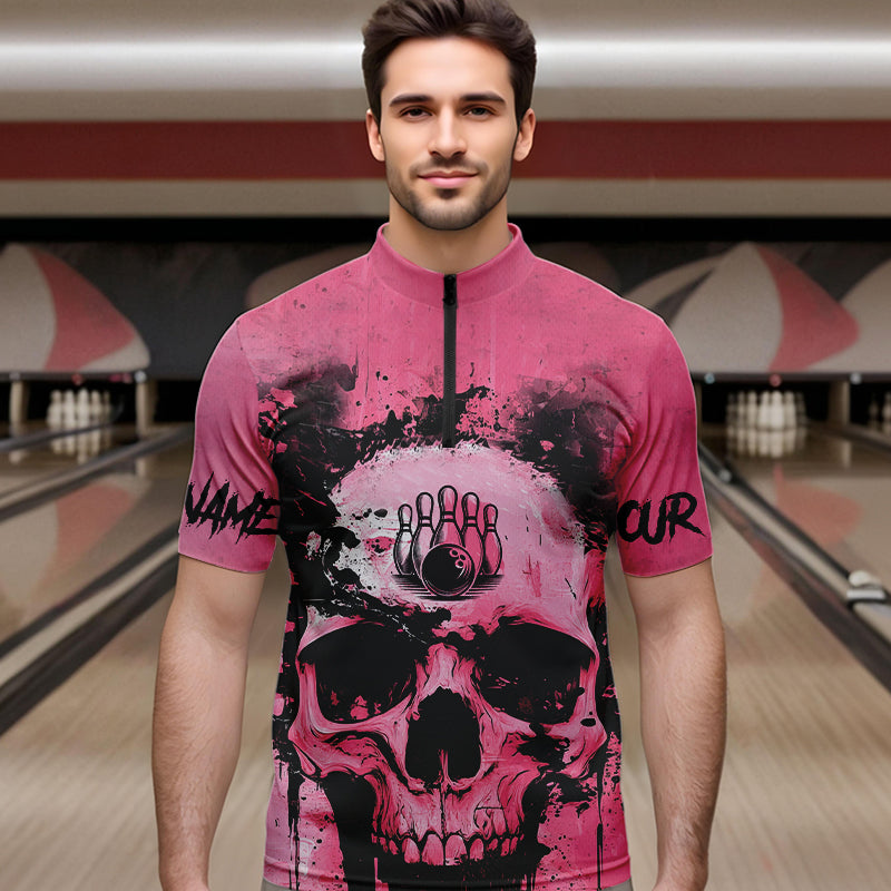 Pink Skull Bowling Polo, Quarter Zip Shirts for Men Custom Skull Bowling Team Shirts Uniform NQS9623