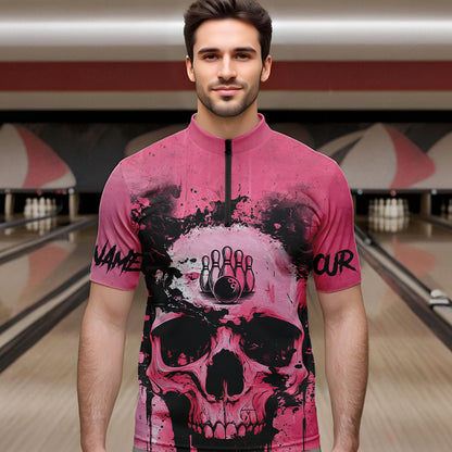 Pink Skull Bowling Polo, Quarter Zip Shirts for Men Custom Skull Bowling Team Shirts Uniform NQS9623