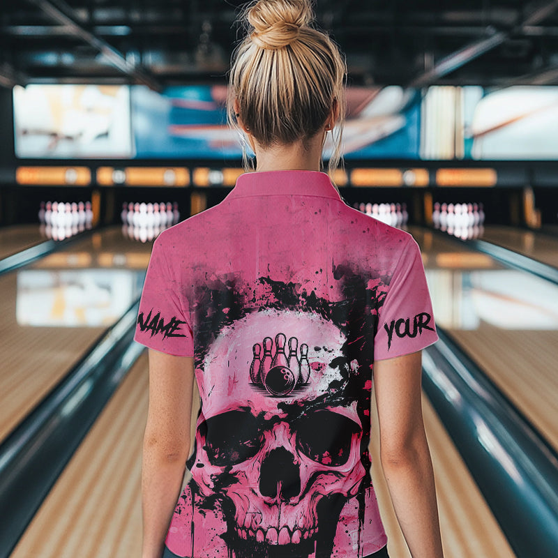 Pink Skull Bowling Polo, Quarter Zip Shirts for Women Custom Skull Bowling Team Shirts Uniform NQS9623