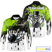 Load image into Gallery viewer, Black and Green Flame Skull Bowling Polo, 1/4 Zip Shirts for Men Custom Bowling Team League Jersey NQS11703