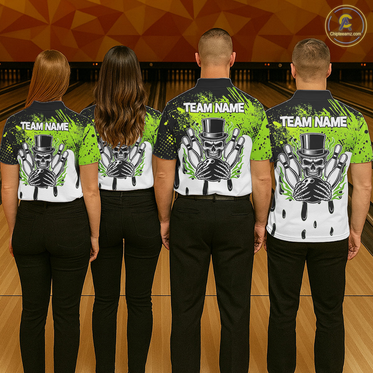 Black and Green Flame Skull Bowling Polo, 1/4 Zip Shirts for Men Custom Bowling Team League Jersey NQS11703