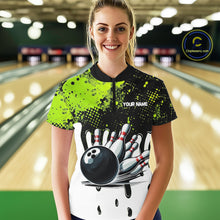 Load image into Gallery viewer, Black and Green Flame Skull Bowling Polo, 1/4 Zip Shirts for Women Custom Bowling Team League Jersey NQS11703