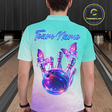 Load image into Gallery viewer, Custom Cyan Blue And Purple Glitter Butterfly Mens Bowling Team Shirts, Bowling League Shirt For Men NQS11704