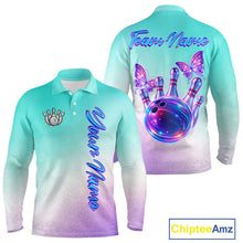 Load image into Gallery viewer, Custom Cyan Blue And Purple Glitter Butterfly Mens Bowling Team Shirts, Bowling League Shirt For Men NQS11704