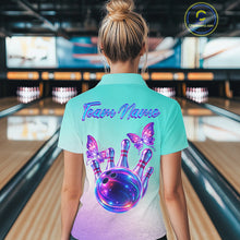 Load image into Gallery viewer, Custom Cyan Blue And Purple Glitter Butterfly Women Bowling Team Shirts, Ladies Bowling League Shirt NQS11704