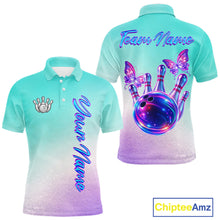 Load image into Gallery viewer, Custom Cyan Blue And Purple Glitter Butterfly Mens Bowling Team Shirts, Bowling League Shirt For Men NQS11704