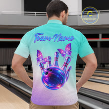 Load image into Gallery viewer, Custom Cyan Blue And Purple Glitter Butterfly Mens Bowling Team Shirts, Bowling League Shirt For Men NQS11704