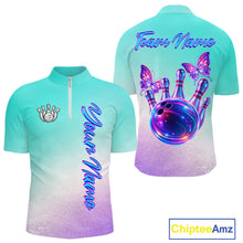 Load image into Gallery viewer, Custom Cyan Blue And Purple Glitter Butterfly Mens Bowling Team Shirts, Bowling League Shirt For Men NQS11704
