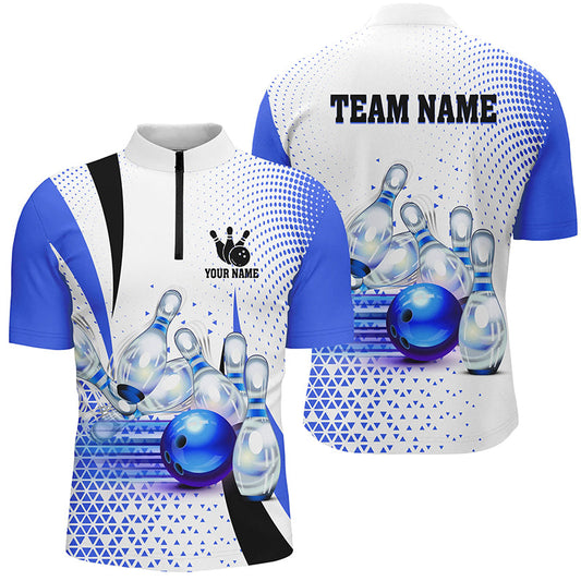 Men Bowling Quarter Zip Shirt Custom bowling ball pins bowling team shirts, gifts for bowlers | Blue NQS7393