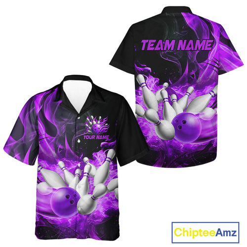 Black And Purple Flame Custom Hawaiian bowling shirt, Flame Bowling League Shirts Outfits NQS9809