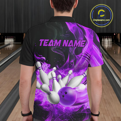 Black And Purple Flame Custom Bowling Shirts For Men, Flame Bowling League Shirts Outfits NQS9809
