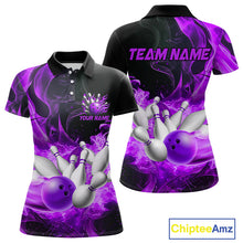 Load image into Gallery viewer, Black And Purple Flame Custom Bowling Shirts For Women, Flame Bowling League Shirts Outfits NQS9809