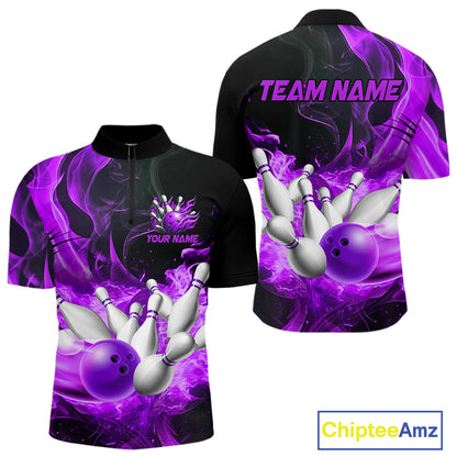Black And Purple Flame Custom Bowling Shirts For Men, Flame Bowling League Shirts Outfits NQS9809