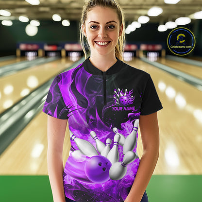 Black And Purple Flame Custom Bowling Shirts For Women, Flame Bowling League Shirts Outfits NQS9809