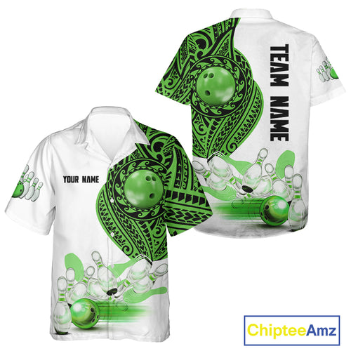 Green and White Tribal pattern Hawaiian bowling shirt Custom Bowling outfit Team button up shirt NQS9812