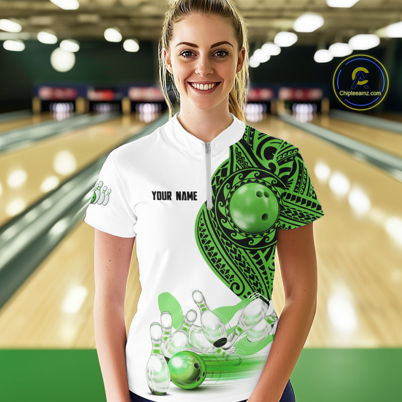 Green and White Tribal pattern Women Bowling Shirts Custom Bowling outfit ladies Team bowling jersey NQS9812