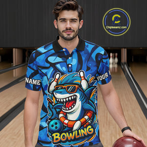 Funny Blue Camo Shark Men Bowling Polo, Quarter Zip Shirts Custom Team Shark Bowling Outfit Jersey NQS9816