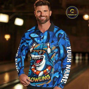Funny Blue Camo Shark Men Bowling Polo, Quarter Zip Shirts Custom Team Shark Bowling Outfit Jersey NQS9816