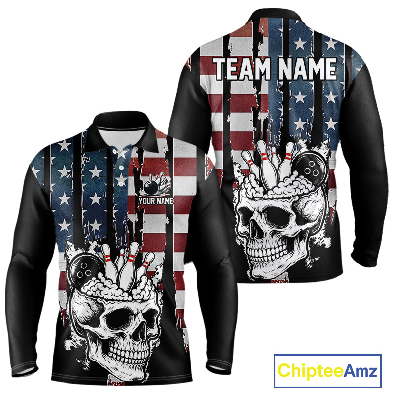 Vintage American Flag retro skull bowling shirts for Men Custom patriotic Bowling Team Outfit NQS10048