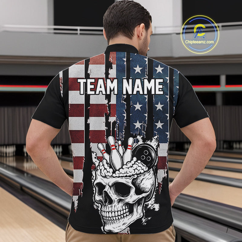 Vintage American Flag retro skull bowling shirts for Men Custom patriotic Bowling Team Outfit NQS10048