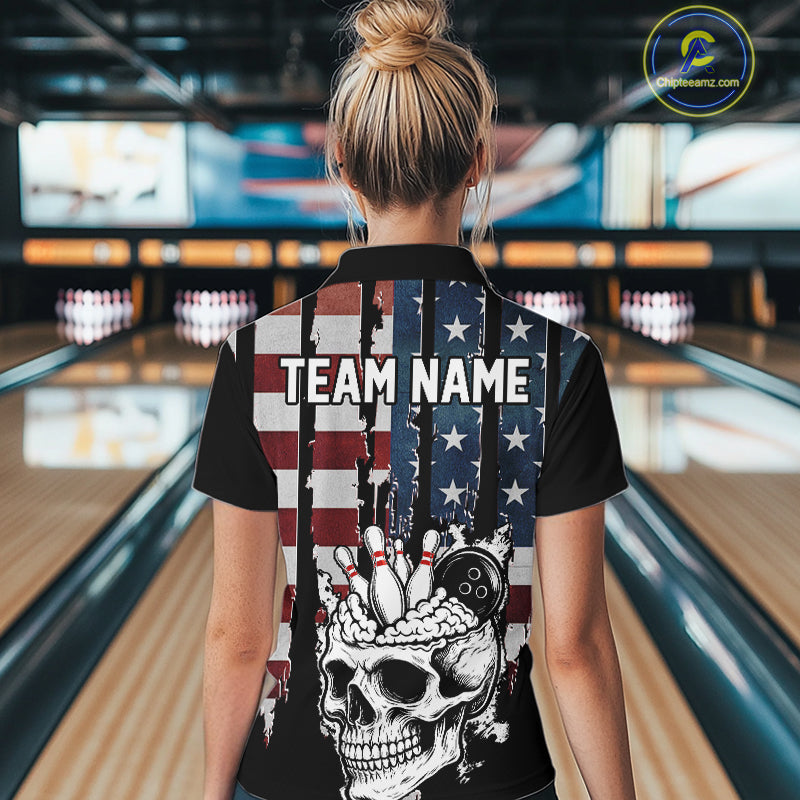 Vintage American Flag retro skull bowling shirts for Women Custom patriotic Bowling Team Outfit NQS10048