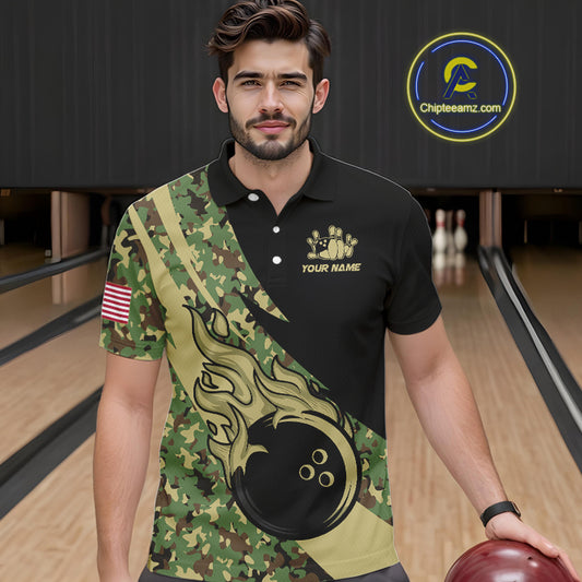 Mens bowling polo, quarter zip shirts Custom green camo bowling team jerseys, gift for team Bowlers NQS10053