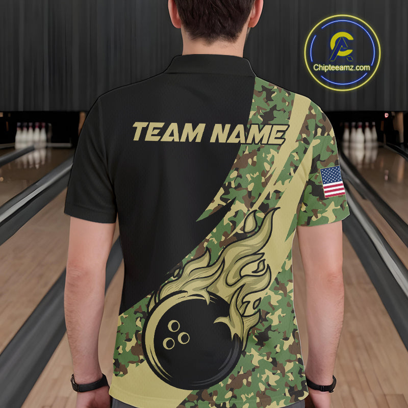 Mens bowling polo, quarter zip shirts Custom green camo bowling team jerseys, gift for team Bowlers NQS10053