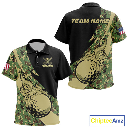 Kid Golf polo shirts flame golf ball Custom green camo Golf attire For Kid, personalized golf gifts NQS10052