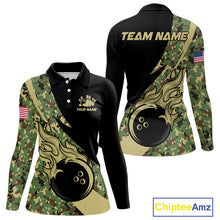 Load image into Gallery viewer, Women bowling polo, quarter zip shirts Custom green camo bowling team jerseys, gift for team Bowlers NQS10053