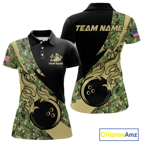 Women bowling polo, quarter zip shirts Custom green camo bowling team jerseys, gift for team Bowlers NQS10053