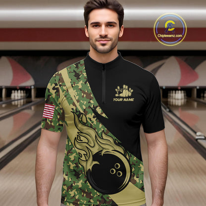 Mens bowling polo, quarter zip shirts Custom green camo bowling team jerseys, gift for team Bowlers NQS10053