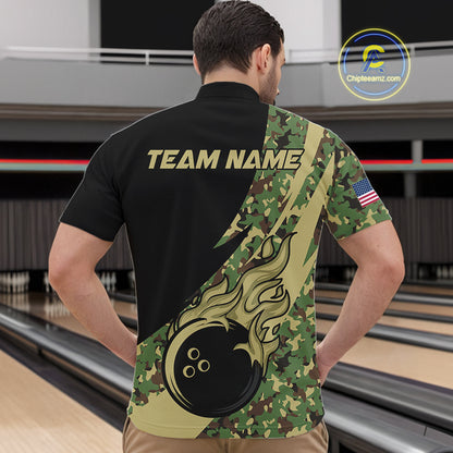 Mens bowling polo, quarter zip shirts Custom green camo bowling team jerseys, gift for team Bowlers NQS10053