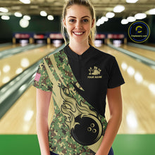 Load image into Gallery viewer, Women bowling polo, quarter zip shirts Custom green camo bowling team jerseys, gift for team Bowlers NQS10053