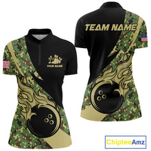 Load image into Gallery viewer, Women bowling polo, quarter zip shirts Custom green camo bowling team jerseys, gift for team Bowlers NQS10053
