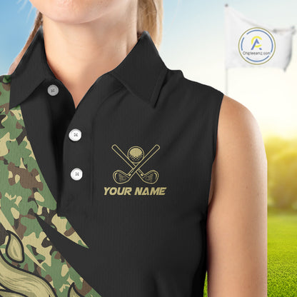 Women Sleeveless polos shirt flame golf Custom green camo ladies Golf attire, personalized golf gifts NQS10052