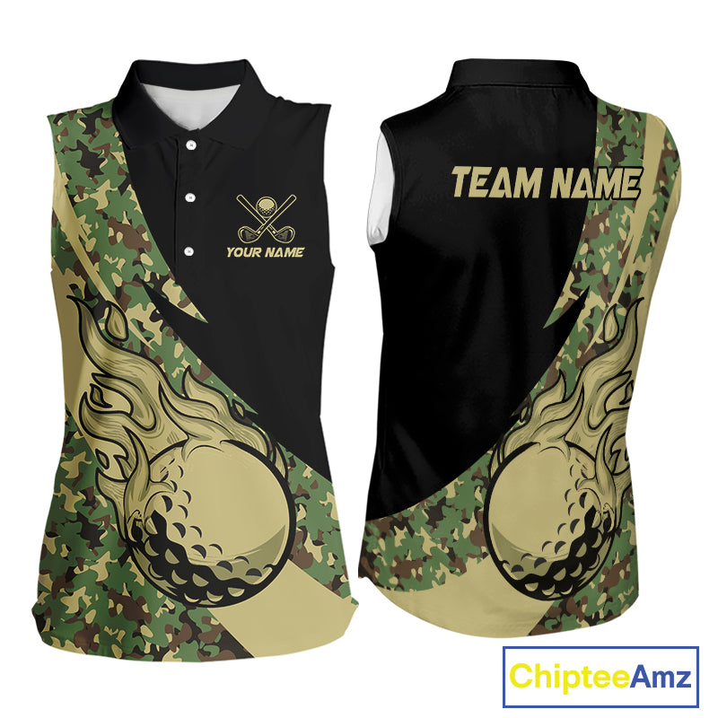 Women Sleeveless polos shirt flame golf Custom green camo ladies Golf attire, personalized golf gifts NQS10052