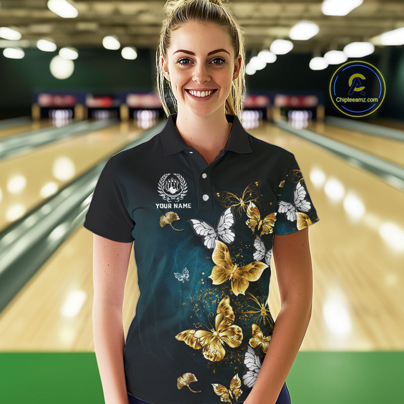 Custom Gold Butterflies Bowling Shirts For Women, Personalized Team Bowling Polo & Quarter-Zip Shirts NQS10577