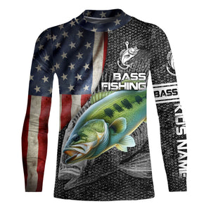 Largemouth Bass fishing American flag custom skull fishing shirts for men Performance Long Sleeve NQS1085