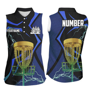 Black & Blue Women sleeveless polo shirt custom lightning thunder disc golf basket, frisbee golf gift NQS9088