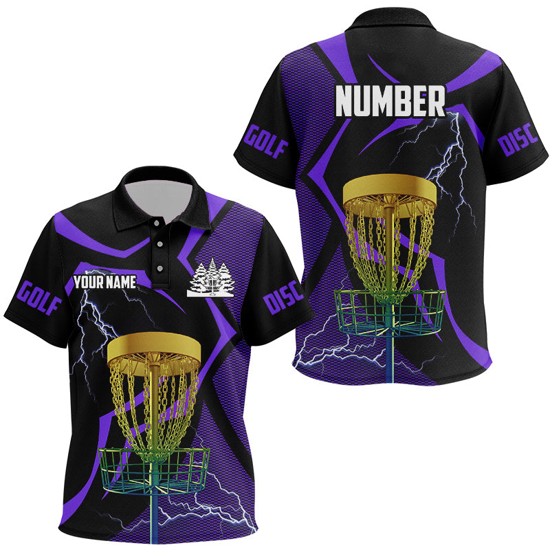 Black & Purple Kid disc golf polos shirt custom lightning thunder disc golf basket, disc golf gift NQS9089