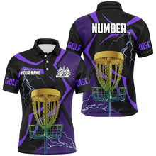 Load image into Gallery viewer, Black &amp; Purple Men disc golf polo shirt custom lightning thunder disc golf basket, disc golf gifts NQS9089