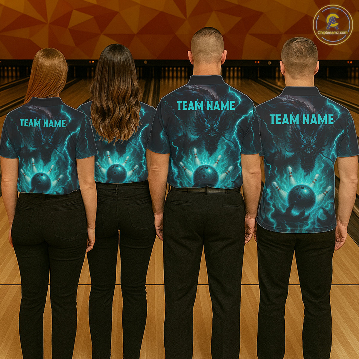 Personalized Black and Turquoise Flame Lightning Dragon Bowling Shirts For Women, Team Bowling Jersey NQS11168