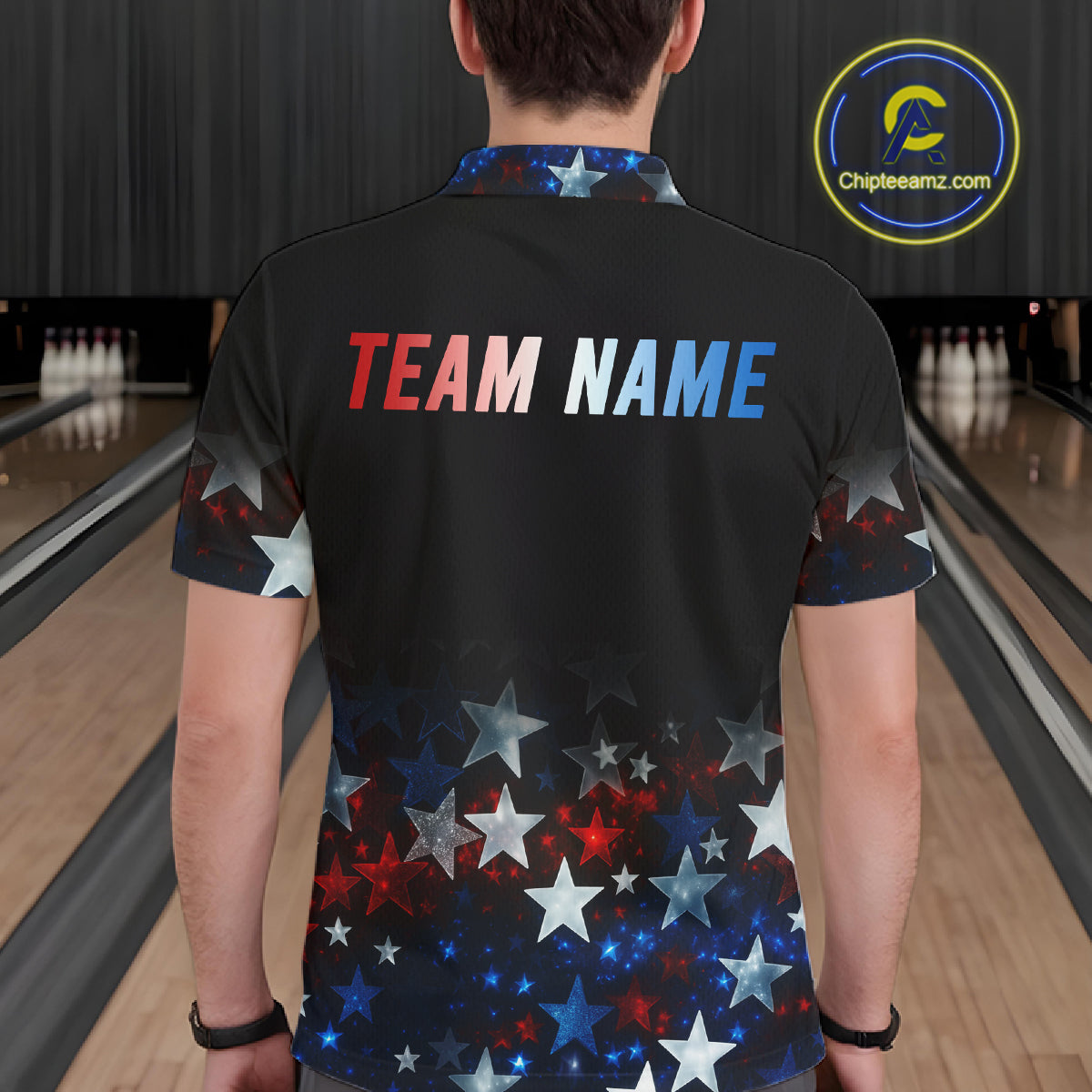 Personalized Red, White and Blue Stars Pattern Bowling Team Shirts For Men Patriotic Bowling Gifts NQS11169