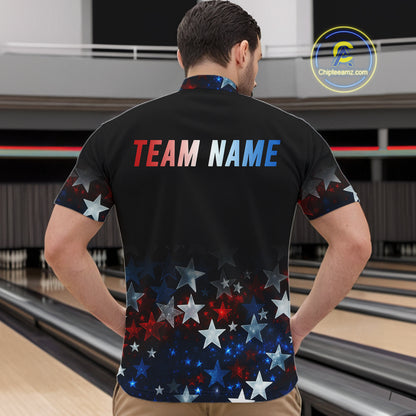 Personalized Red, White and Blue Stars Pattern Bowling Team Shirts For Men Patriotic Bowling Gifts NQS11169